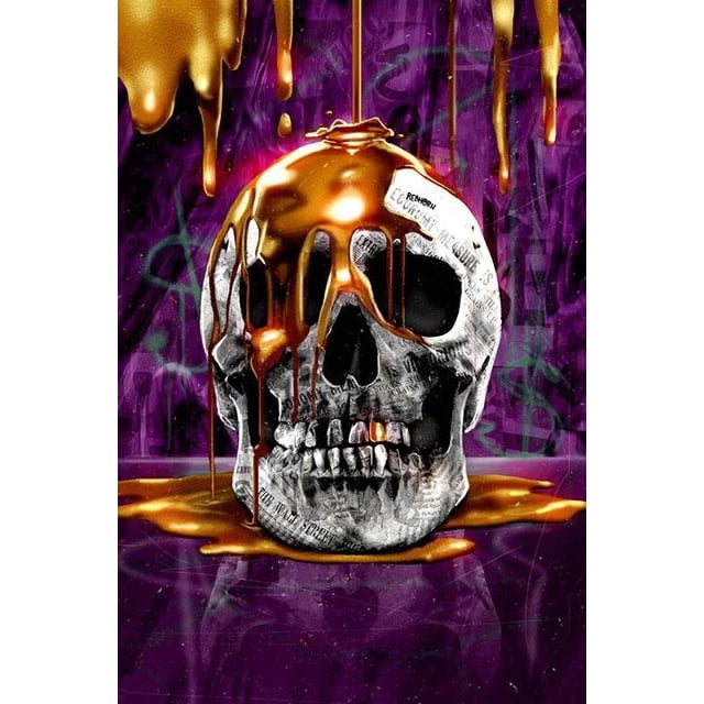 Estatua de calavera de Metal abstracto, impresiones doradas en lienzo, carteles, pintura, imágenes artísticas de pared para sala de estar, decoración del hogar, sin marco