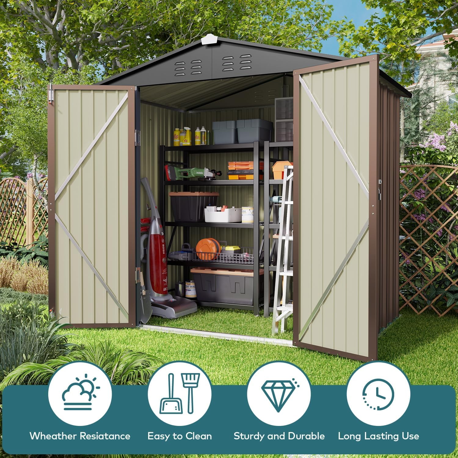 Lofka 6' x 4' FT Outdoor Storage Shed, Outside Metal Tool Shed with Lockable Doors ,Light Brown