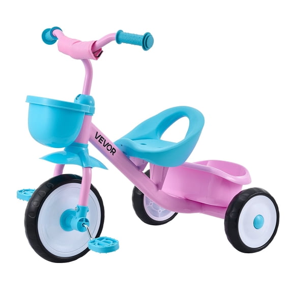 VEVOR Toddler Tricycle for 2-5 Year Old, Kids Trike with Adjustable Seat, Storage Basket, Carbon Steel Frame, Handlebar Grips for Outdoor Play, Tricycle for Toddlers, Birthday Toy for Boys and Girls