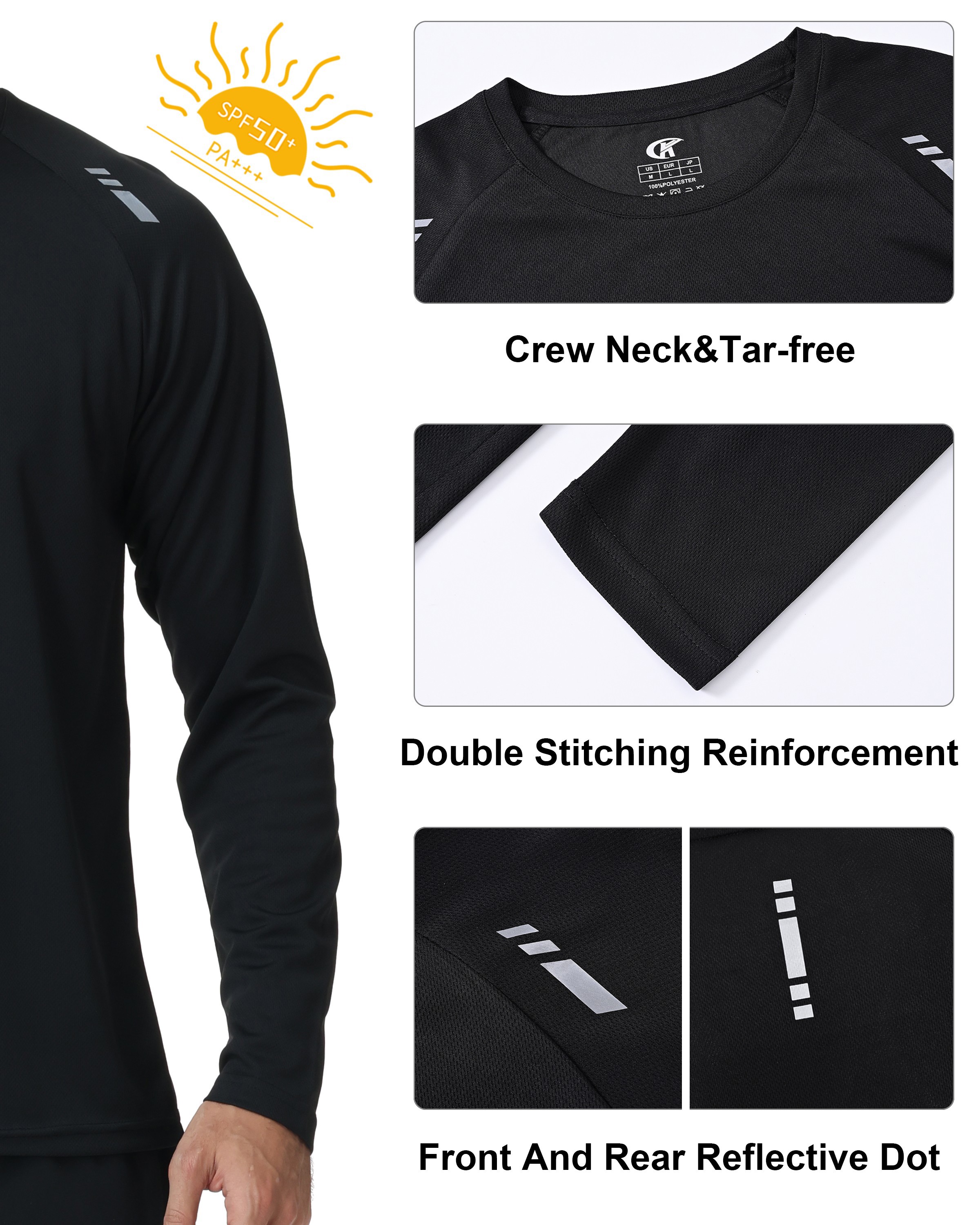Paquete de 2 camisas de entrenamiento de manga larga para hombre, protección solar, absorción de humedad, secado rápido, atléticas para gimnasio, negro, talla L 2