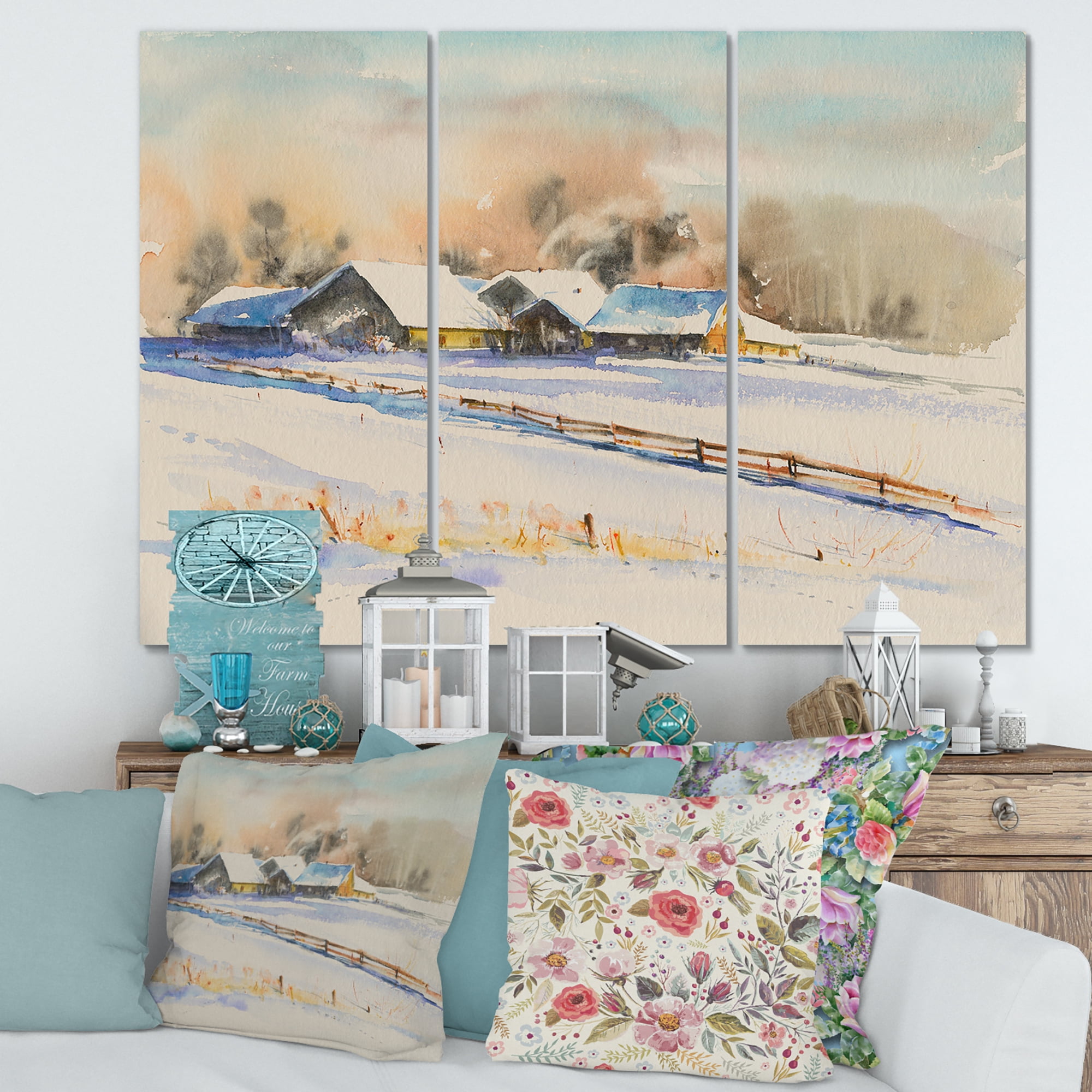 Designart ' Small VIllage At Evening Covered With Snow ' Traditional Canvas Wall Art Print