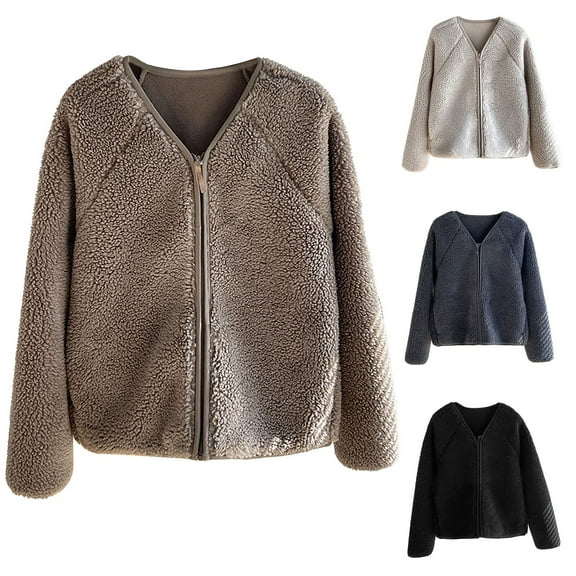 Miluxas Women's Fuzzy Fleece Jacket Long Sleeve V Neck Zip up Warm Coat Soft Solid Casual Outerwear Gray XL(XL)