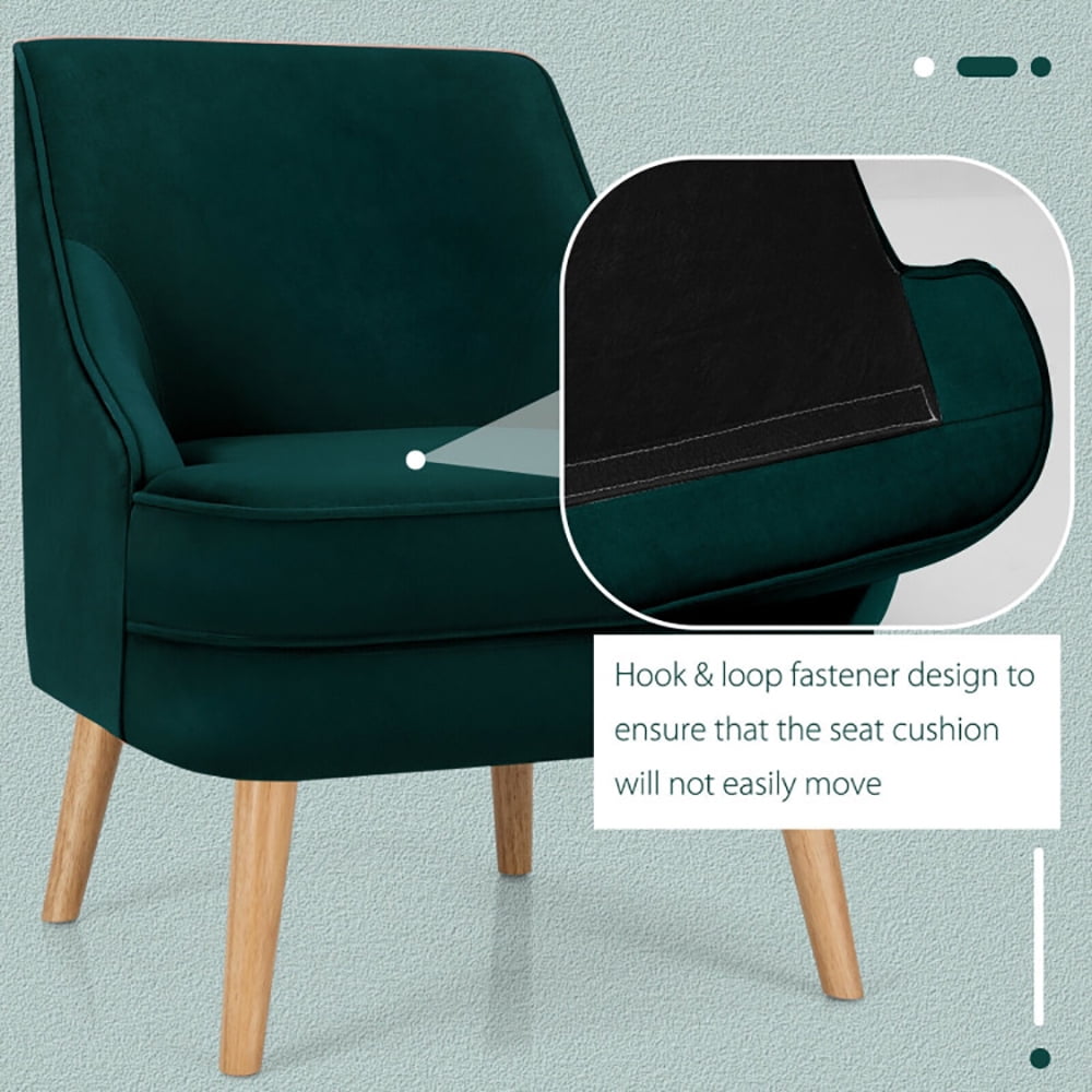 Finihen Velvet Accent Chair, Mid Century Velvet Accent Chair with Rubber Wood Legs, Thickly Padded, for Living Room, Bedroom, Green