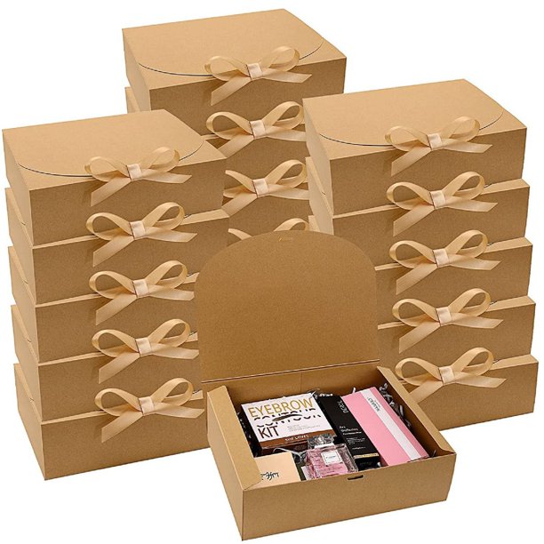 Juego de cajas de regalo de papel kraft con cinta satinada dorada, 15 unidades, 11,5 cm
