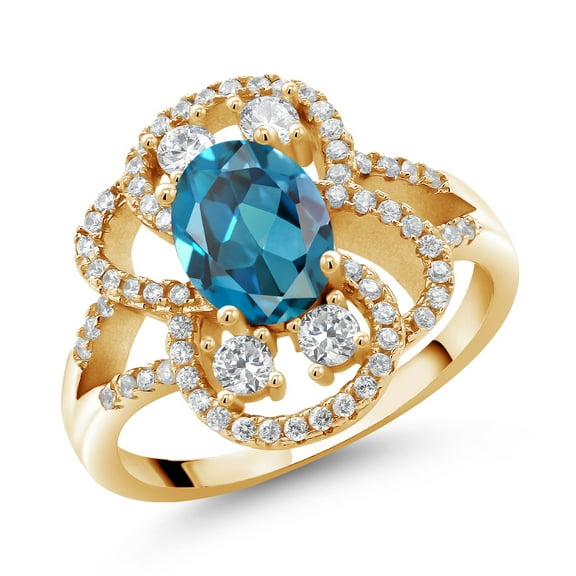 Gem Stone King 18K Yellow Gold Plated Silver London Blue Topaz Women Ring (3.07 Cttw, Oval 9X7MM, Gemstone Birthstone, Size 7)