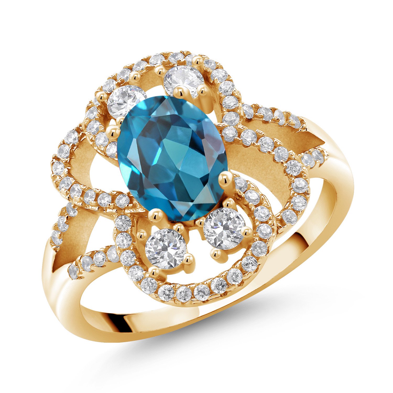 Gem Stone King 18K Yellow Gold Plated Silver London Blue Topaz Women Ring (3.07 Cttw Oval 9X7MM Gemstone Birthstone Size 8)
