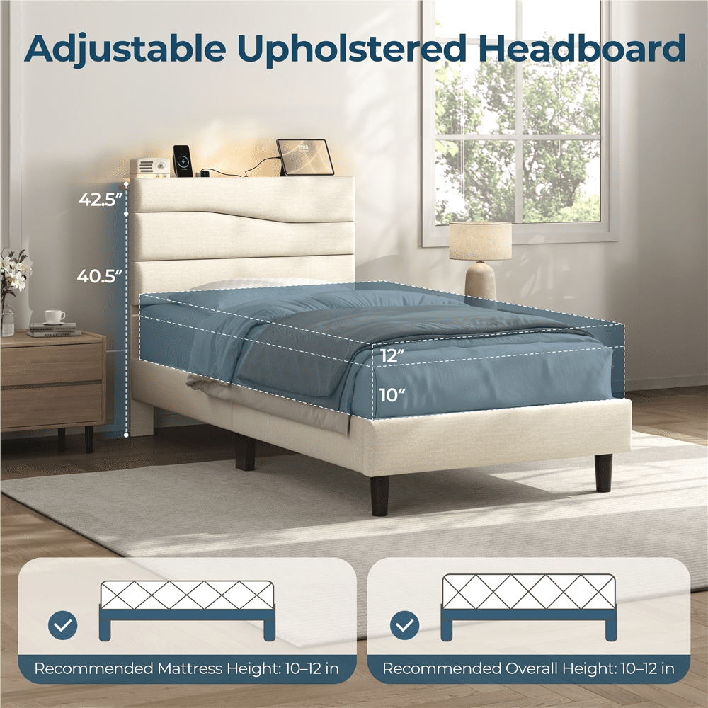 Renwick Twin Upholstered Bed Frame with Charging Station, Beige