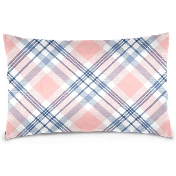Pink Blue Tartan Velvet Oblong Lumbar Plush Throw Pillow Cover/Shams Cushion Case - 16x24in - Decorative Invisible Zipper Design for Couch Sofa Pillowcase Only