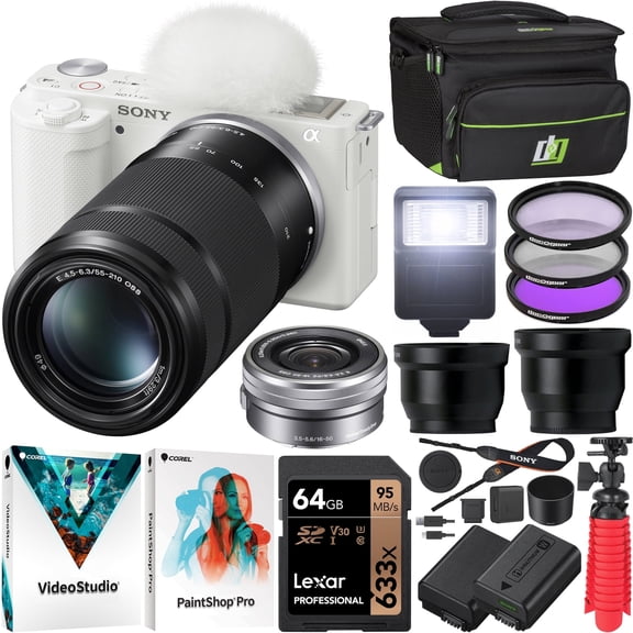Sony ZV-E10 Mirrorless Alpha APS-C Vlog Camera 2 Lens 16-50mm   55-210mm ILCZV-E10L/W Bundle   Deco Gear Bag   Filter Set   Wide Angle & Telephoto Lenses   Battery & More |Official Sony Partner|