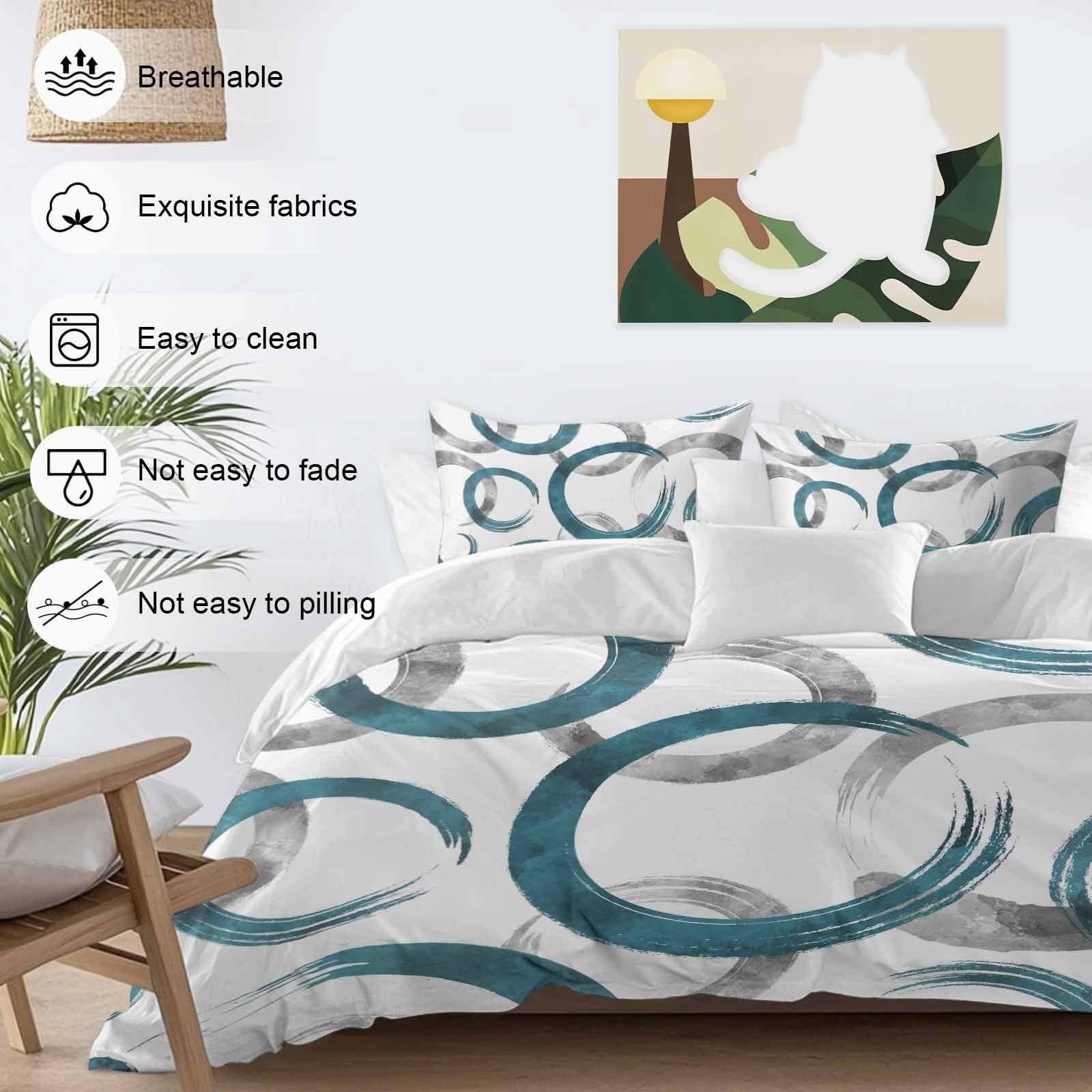 Turquoise Grey Bedding 3 Piece Duvet Cover Set California King, Geometric Circle Modern Abstract Simple Art Soft Microfiber Comforter Cover with Zipper Closure & Pillowcases, Quilt Cover