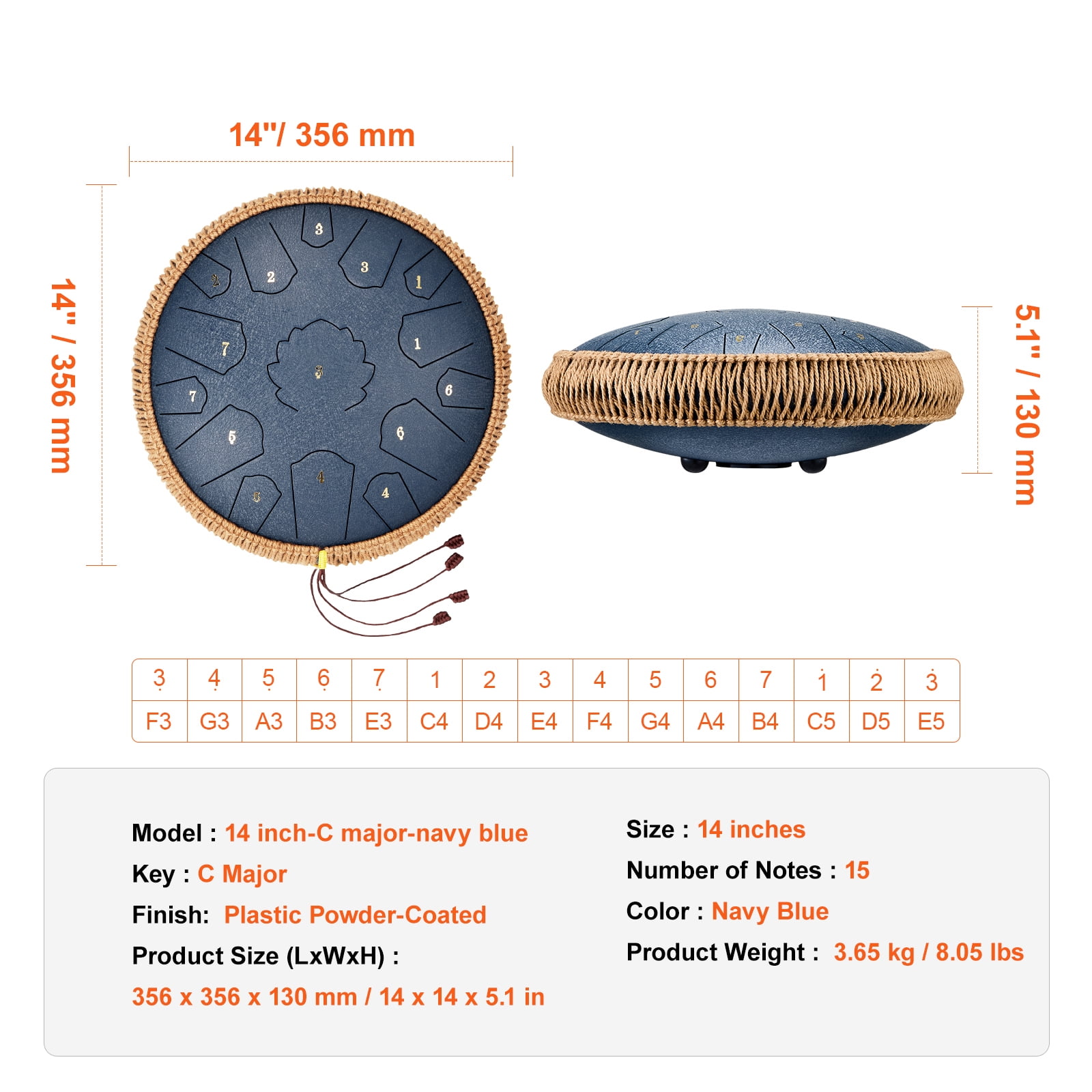 KFFKFF Steel Tongue Drum, 14-inch with 15 Notes, C Major Key, Percussion Instrument for Outdoor Use, Musical Learning, and Yoga, Includes Mallets and Carry Bag, Navy Blue
