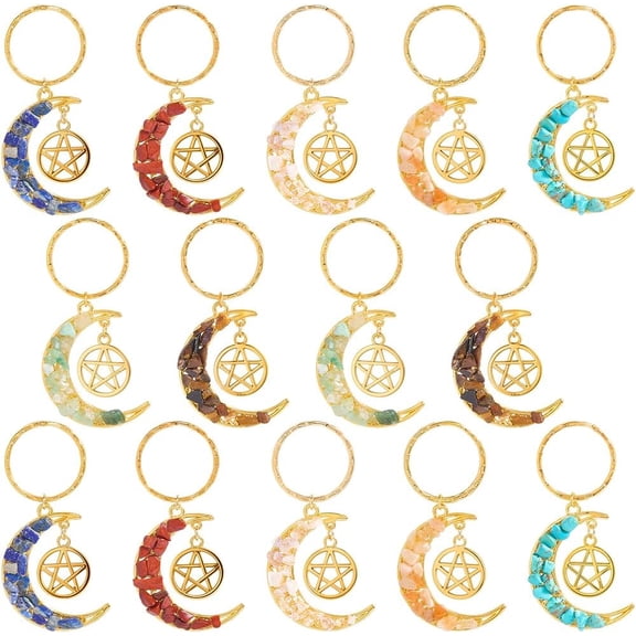 1 Box 14Pcs Keychains Bulk Star and Moon Key Chains Set Turquoise Red Jasper Gemstone Chips Hanging Charms for DIY Handbags Party Wedding Favors DIY Purse Supplies Women Adults