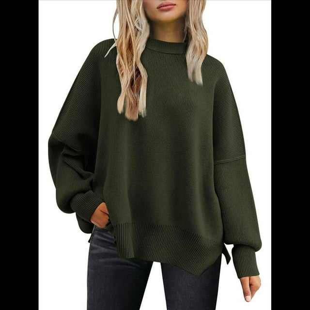 Suéteres de Murciélago Extragrandes para Mujer, Conjuntos de Otoño 2025, Suéteres de Cuello Redondo de Punto con Abertura Lateral, Tops de Moda. Verde L