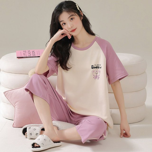 Pijama de mujer de verano de manga corta con pantalones cortos, traje de algodón de imitación, ropa de primavera y otoño, ropa para el hogar