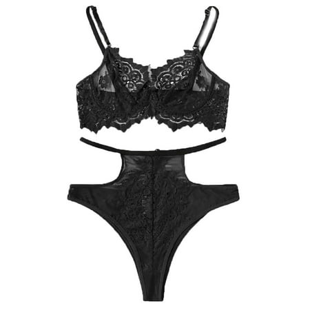 

LONKITO 2-Pc Women Sissly Lace Sexy Deep V Lingerie Straps Bra and Panty Set Babydoll Black XL