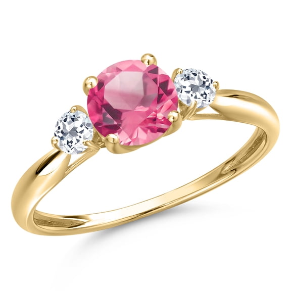 Gem Stone King 10K Yellow Gold Pink Mystic Topaz and White Topaz 3-Stone Ring for Women | 1.78 Cttw | Round 6MM | Gemstone November Birthstone | Size 9