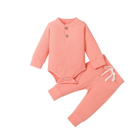 

Qtinghua Newborn Baby Girl Boy Fall Winter Clothes Solid Long Sleeve Romper Bodysuit Drawstring Pants 2Pcs Ribbed Outfits Pink 18-24 Months