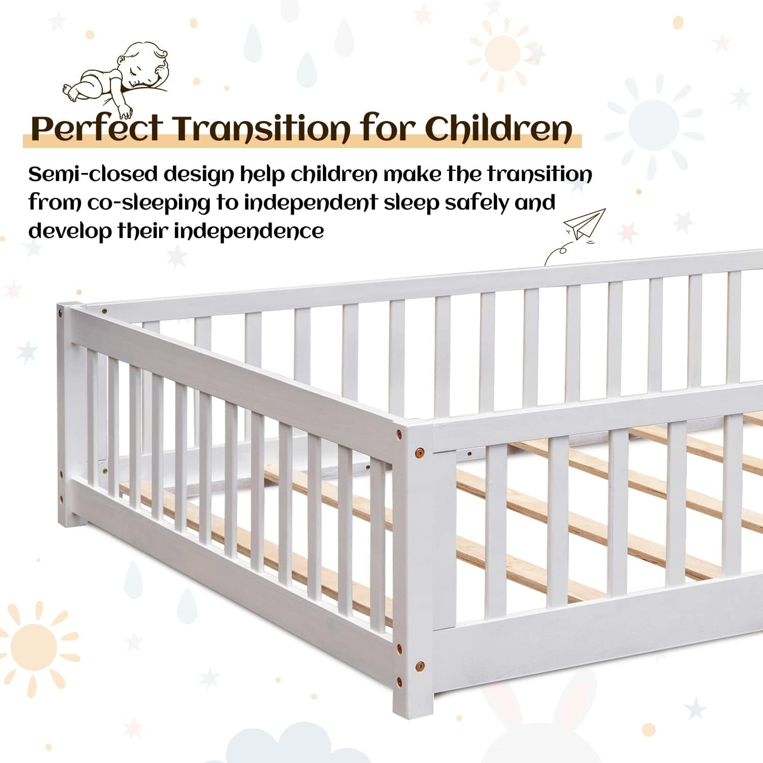 Twin Floor Bed Frame for Toddler, Montessori Floor Bed with Fence and Wood Slats, Low Wood Platform Beds for Girls Boys Kids Happy Time, White