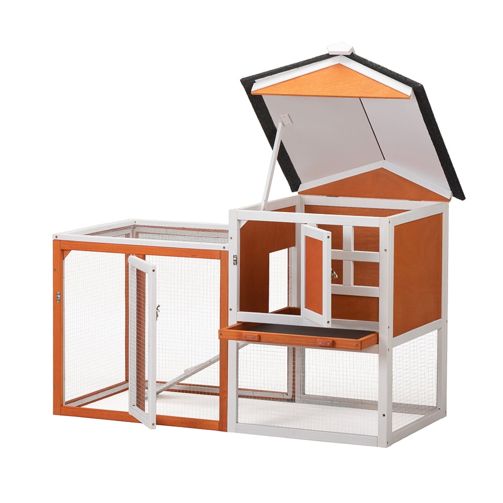 Kepooman 2 Tier Wooden Rabbit Cage, Chicken Coop, Small Animal Pet House, Flip Top Rabbit Cage, Orange