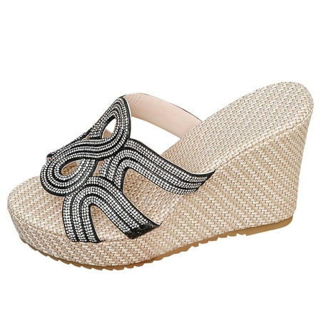 

Vuygyu Summer New Fish Mouth Thick Soled Wedge Heeled Slippers For Women Retro Rhinestone Hollow Outer Wear Large Size Sandals And Slippers Flat Sandals Shoes Women Rose Sandals for Women Wedding