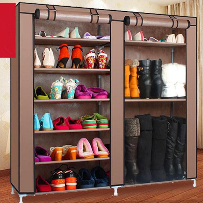 Double Row 6 Tier 9 Grid Shoe Boot Tower Rack Organizer Storage Cabinet w/ Cover