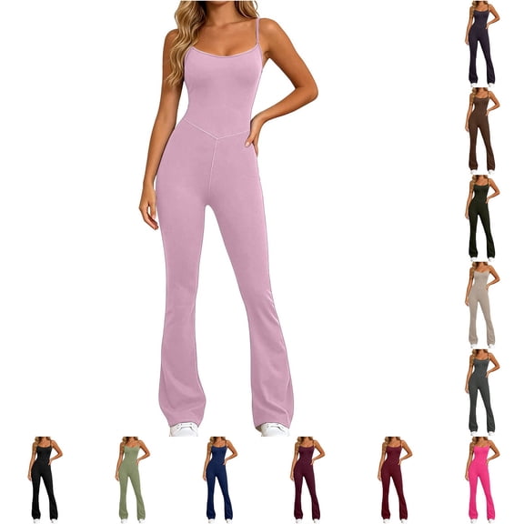 Shadoumai Flare Jumpsuits for Women Strappy Square Neck Bodycon Full Length Long Pants Romper Sexy One Piece Playsuit