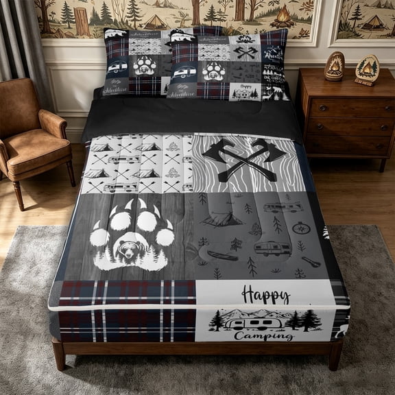 Manfei Adventure Camper Wildlife Zipper Twin Comforter Sets with Fitted Sheet and 2 Pillowcases,Minimalist Plaid Zipper Bedding Set,Navy Gray,Reversible