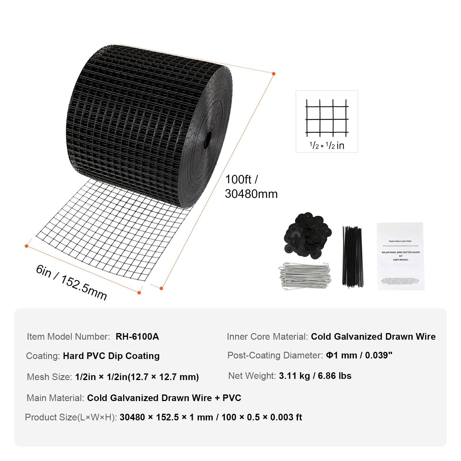 KFFKFF 6-inch by 100ft Solar Panel Animal Barrier, Wildlife Protection Roll Kit including 60 Aluminum Alloy Securing Clips, Solar Panel Shield with Corrosion-resistant PVC Layer