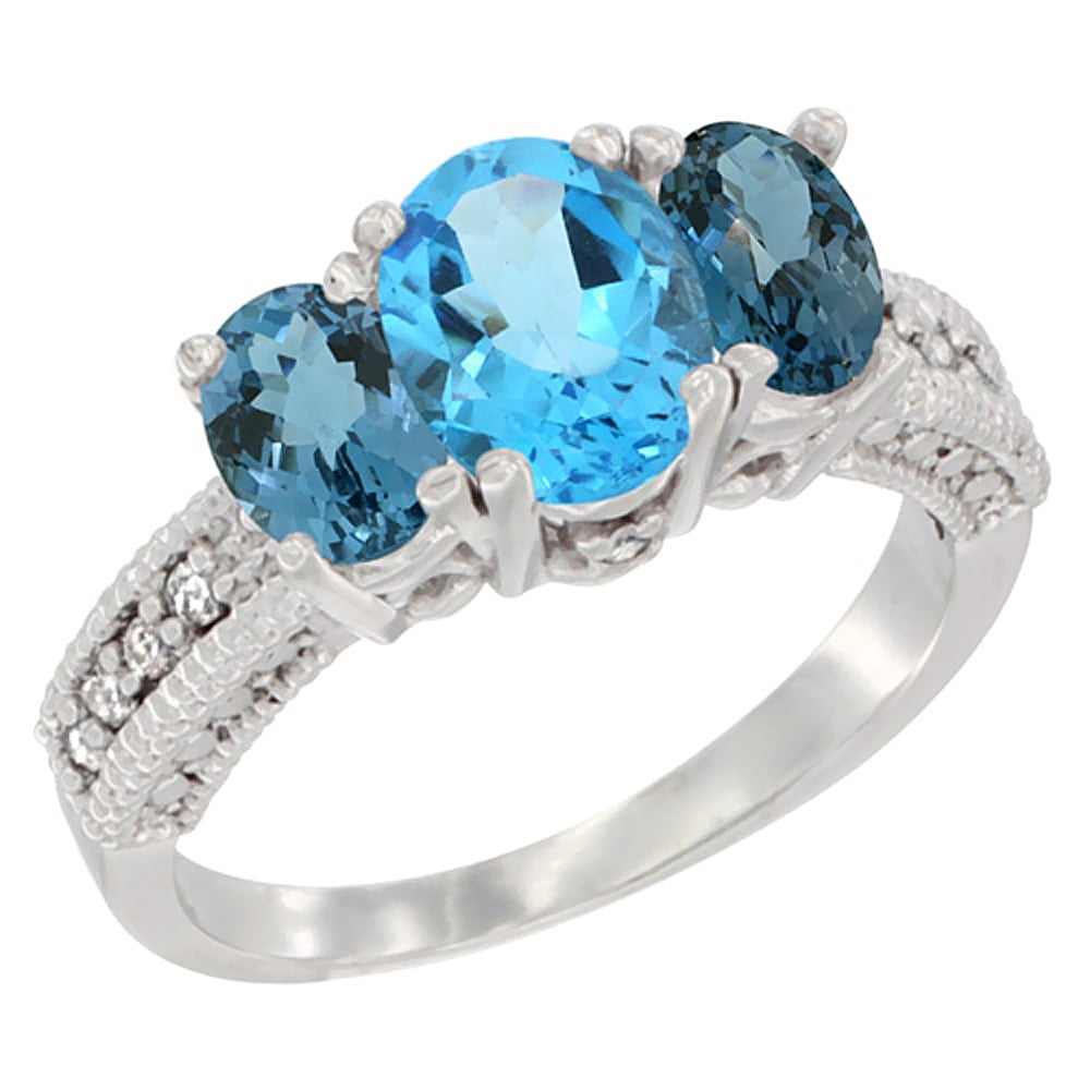 10K White Gold Diamond Natural Swiss Blue Topaz Ring Oval 3-stone with London Blue Topaz, sizes 5-10 by WorldJewels