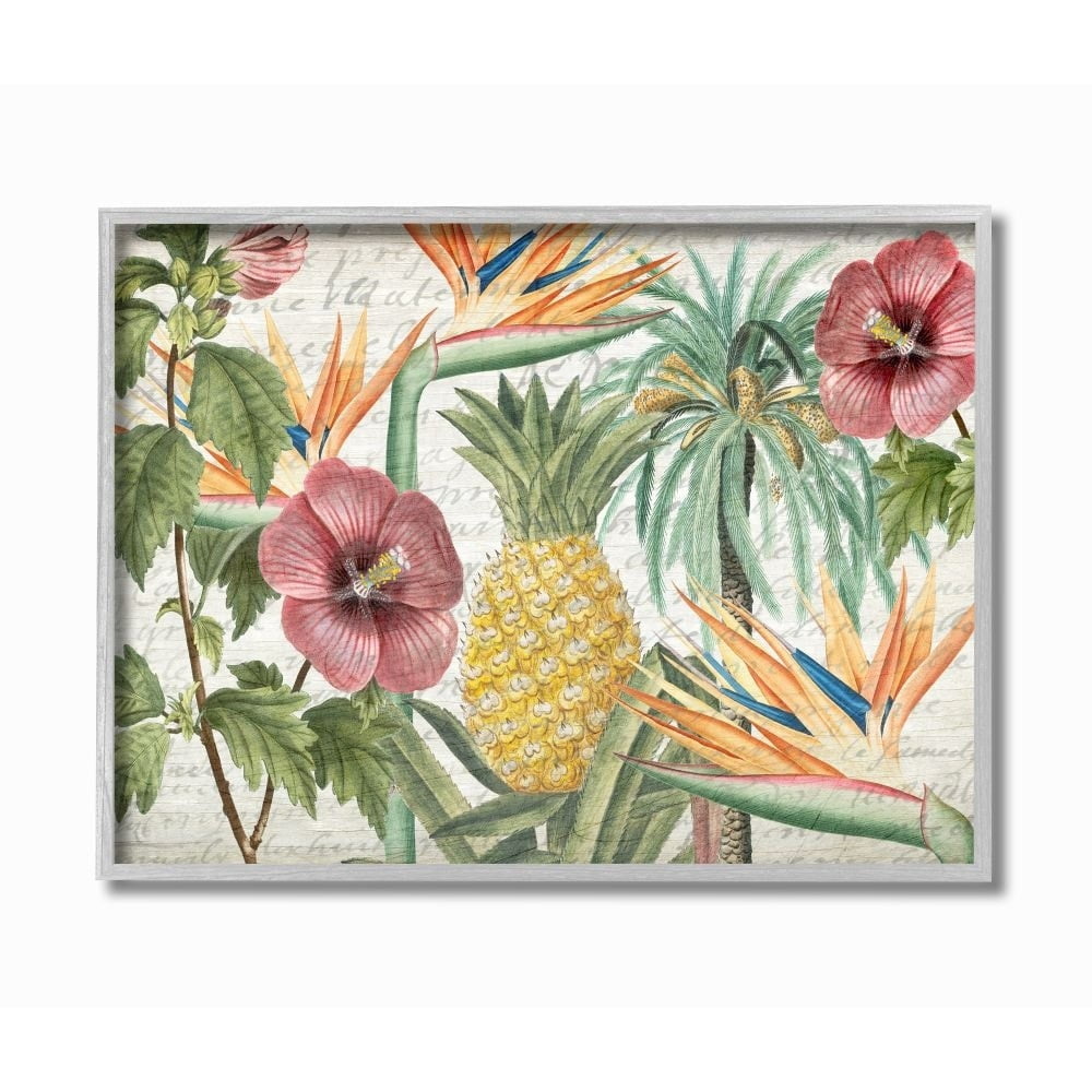Stupell Industries Tropical Flower Pineapple Wood Texture Design Graphic Art Gray Framed Art Print Wall Art, 16x20, by Kim Allen
