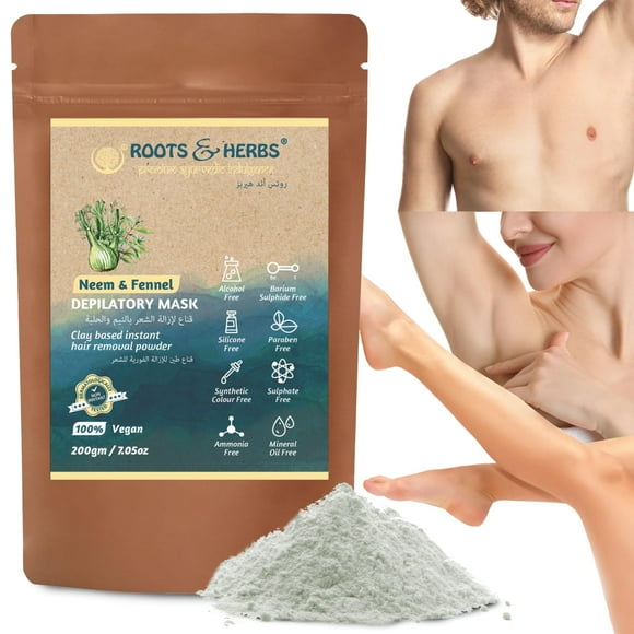 ROOTS AND HERBS Mascarilla Depilatoria Neem e Hinojo - Depilación Vegana para Pieles Sensibles: Pierna Bikini Púbico Facial - Depilación con Cera en Polvo Orgánica