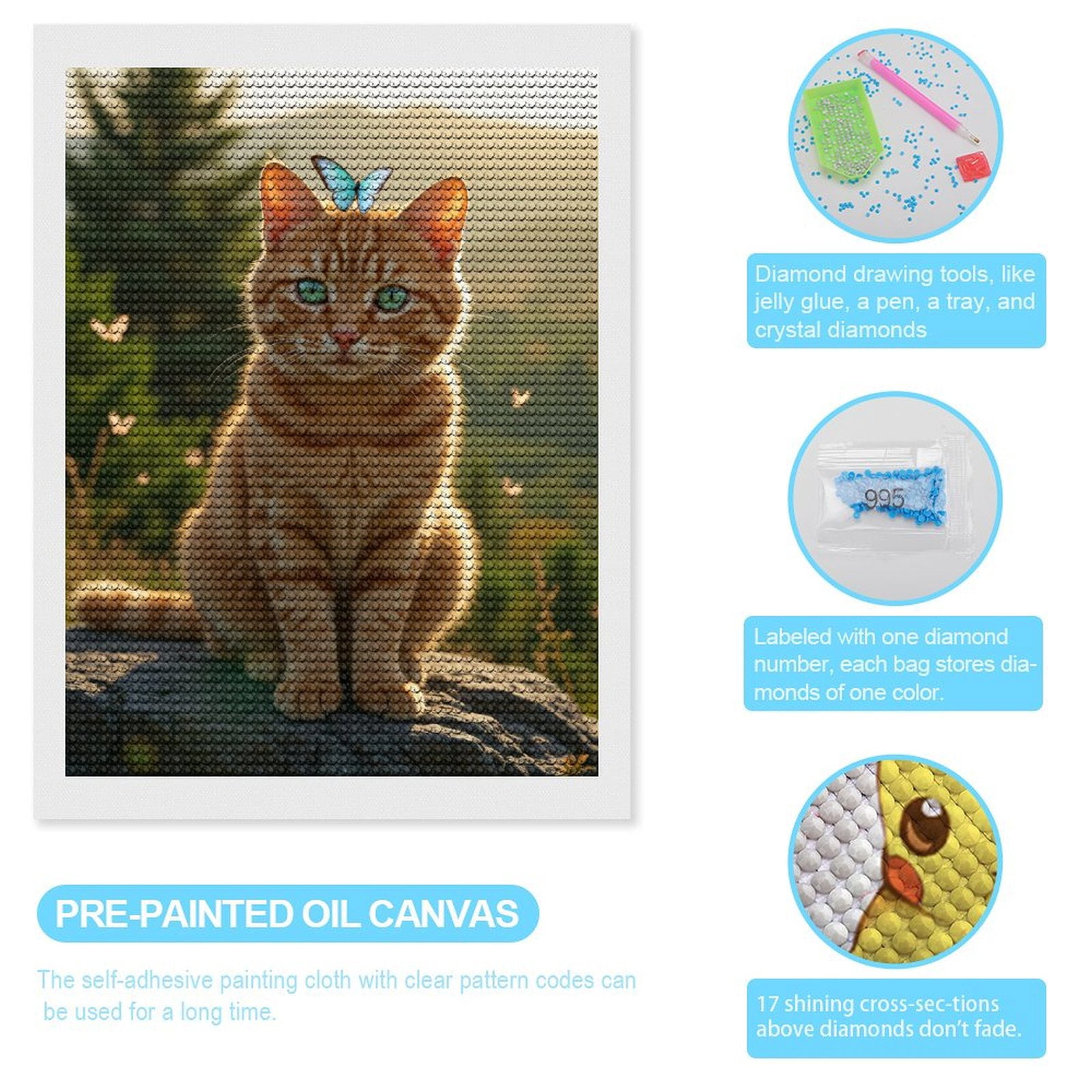 Diamond Art Kits for Adults, Orange Cat Butterfly Nature Scene 5D Diamond Painting Kits for Adults Beginners, DIY Full Drill Diamond Painting, Gem Art and Crafts 12x16