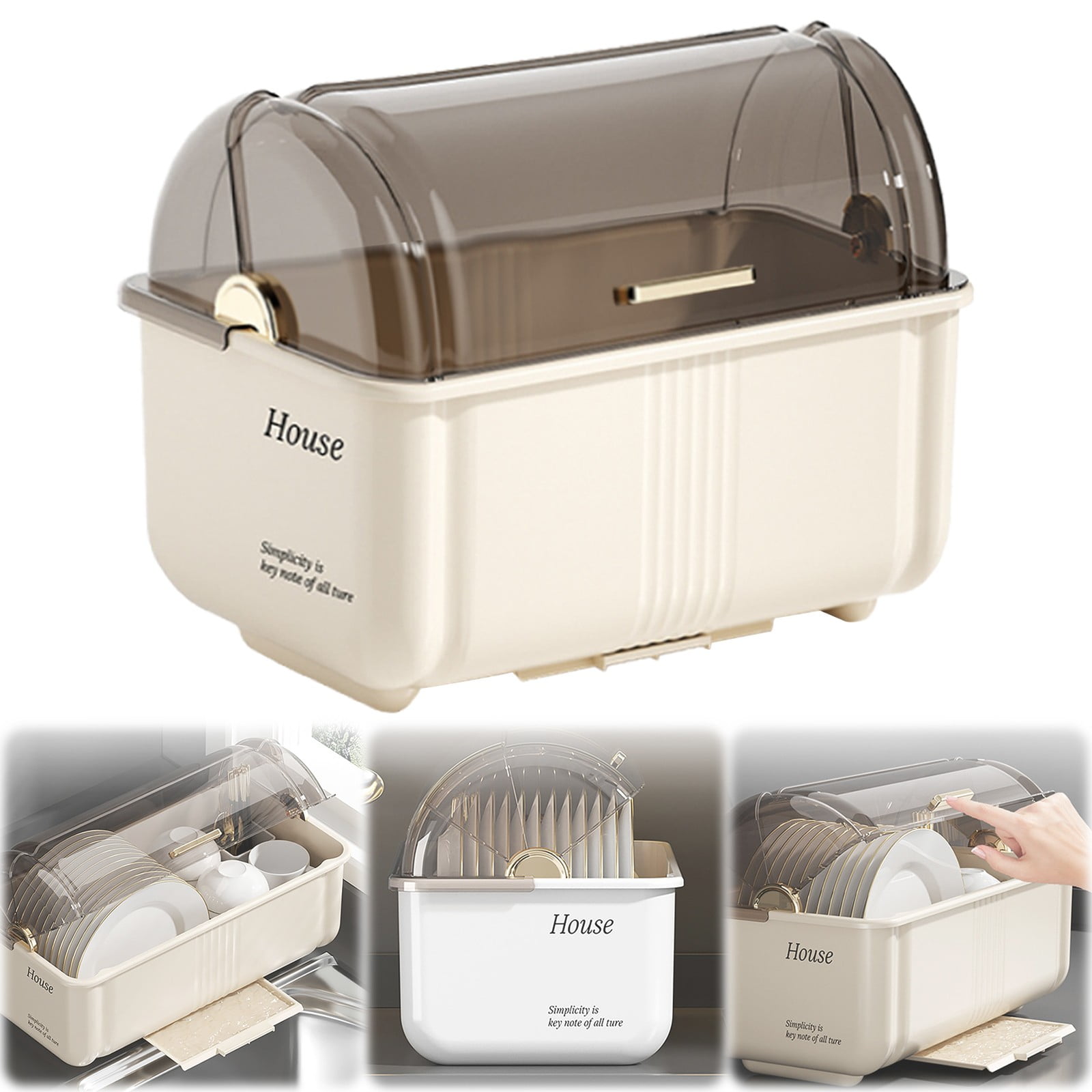 Dish Drying Rack,Plastic Dish Drying Rack,Bottle Dryer Holder with Cover Lid and Removable Drainboard,Utensil and Cup Holder for Kitchen Counter, Dish Dryer Shelf,17.3 x 9 x 10.6 Inch(Beige 34x27cm)