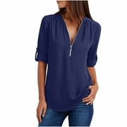 Scyoekwg Plus Size Womens Chiffon Tops Dressy Casual Zipper V Neck 3/4 Sleeve Shirt Solid Color Loose Lightweight Tunics Blouse Navy XL