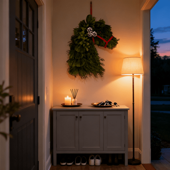 Christmas Horse Wreath – Handwoven Rustic Farmhouse Horse Head Wreath for Front Door, Equestrian Holiday Decor with Velvet Ribbon, Perfect for Horse Lovers & Christmas Decor