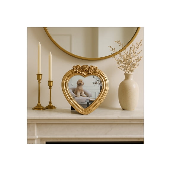 Decorative Heart Photo Frame with Roses for Home Decor - Vintage Inspired Picture Frame for Tabletop, Living Room, and Bedroom - Stylish Accent for Dorm, Entryway, and Office Decor - 7", Gold