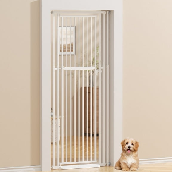 KORIMEFA 47.24"-87" Extra Tall Cat Gate With Wide Adjustable 27.56"-31.5" Pet Gate Pressure Mounted Safety Full Door Gate for Stairs, Hallway, Kitchen, Doorway, White
