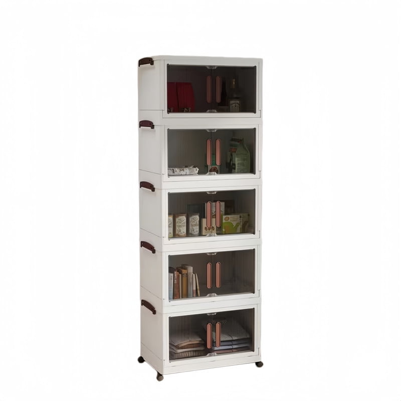 Howcool 3/4/5-Tier Stackable Storage Bins with Lid, Foldable Storage Box Cabinet with Wheels & Acrylic Doors