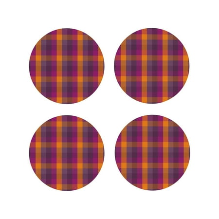 

Matuu Orange and Purple Plaid for Cup Coasters Set of 4 Leather Coasters Desk Coasters for Office Measures 4” x 4”-Round Shape