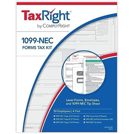 2024 TaxRight 1099-NEC Tax Kit (4-Part) | 50 Recipients |Self-Seal Envelopes Included (No Software)