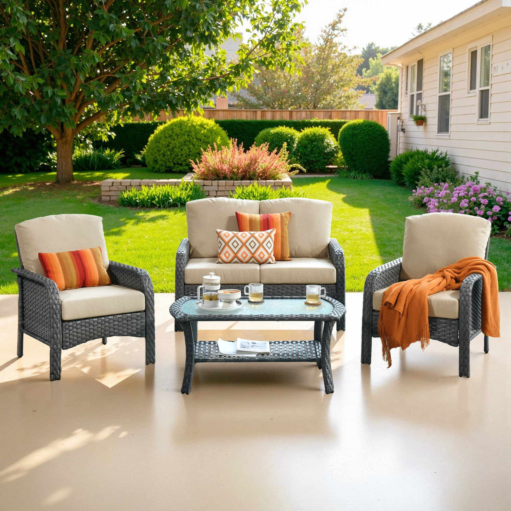 Ovios 4 Pieces Wicker Outdoor Patio Furniture with Coffee Table High Back All Weather Rattan Outdoor Sectional Conversation Set for Backyard Porch Garden, Beige