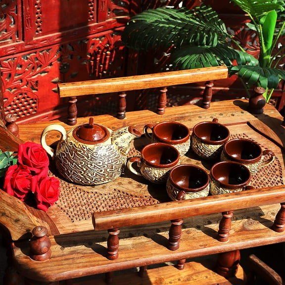 India Meets India Brown Ceramic Tea Pot Kettle 20 Oz Set of 6 Ceramic Tea Cups 3D design Indian Handicraft Perfect Gift Pack
