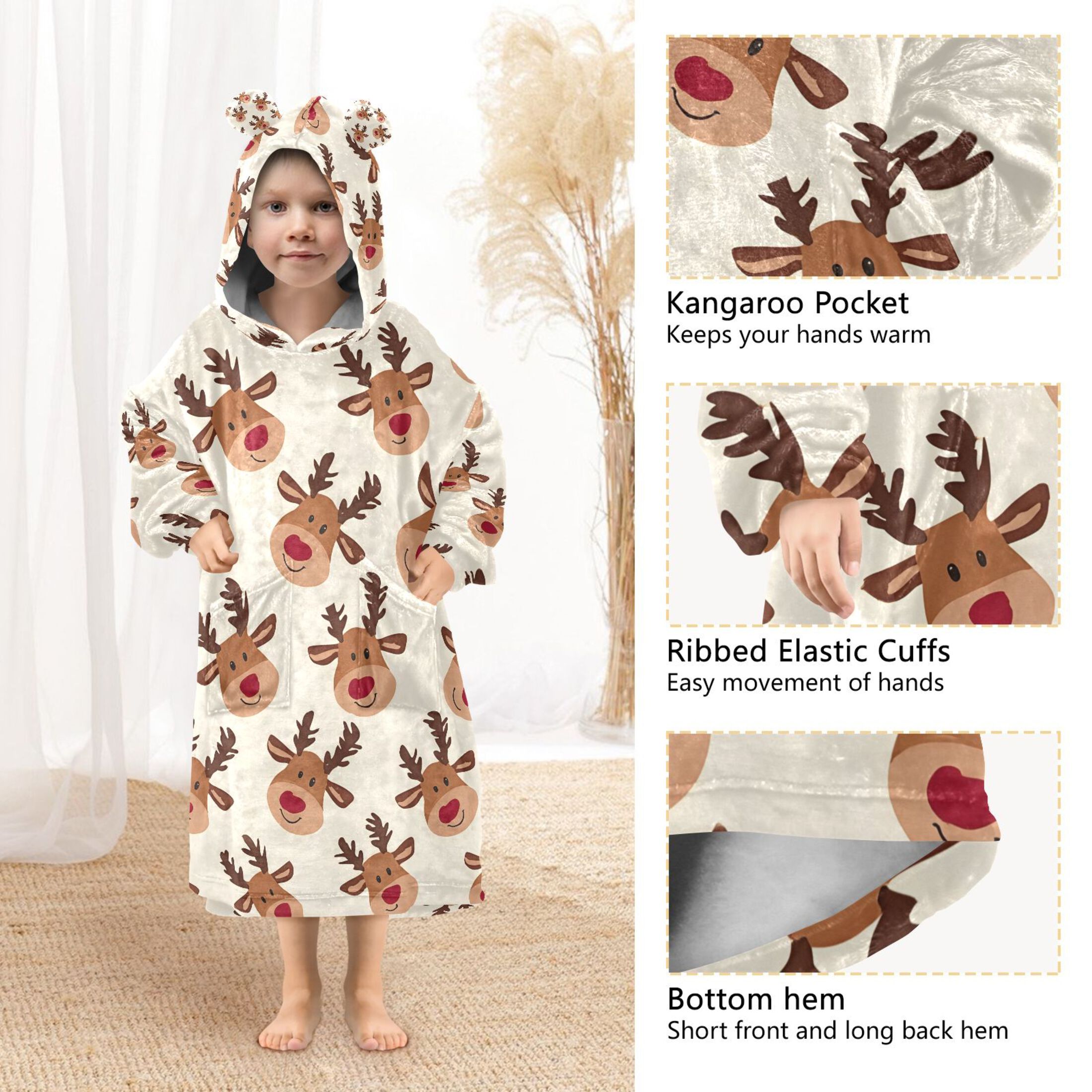 joogoo Wearable Blanket Hoodie for Cute Elk Reindeer Oversized Sherpa Hooded 3-14 YR M
