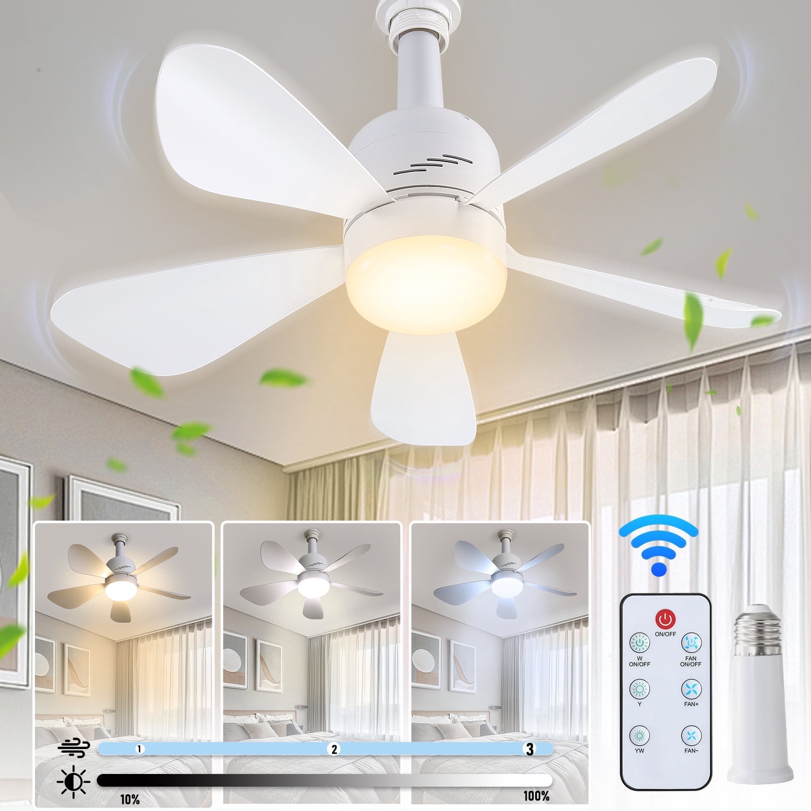 JOPESO Socket Fan Light with Remote, 19in Ceiling Fans with Lights with 3 Speeds and 3 Colors E27 Base, Dimmable LED Socket Fan for All Locations