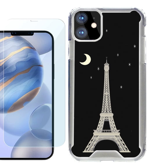 For Apple iPhone 12 Case, iPhone 12 Pro Case, Hybrid Bumper Phone case, with Tempered Glass Screen Protector, by OneToughShield ® - Eiffel Tower Moon