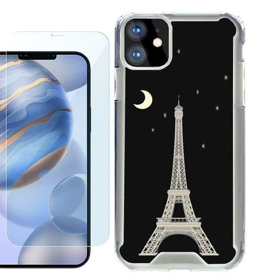 For Apple iPhone 12 Case, iPhone 12 Pro Case, Hybrid Bumper Phone case, with Tempered Glass Screen Protector, by OneToughShield ® - Eiffel Tower Moon