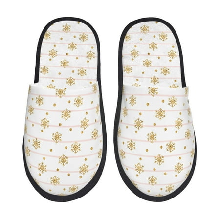 Balery Gold Snowflake Stripes Slient Indoor Furry Fleece Comfort House Shoes Soft Non-Slip Home Shoes Cotton slippers House Slippers-- Medium