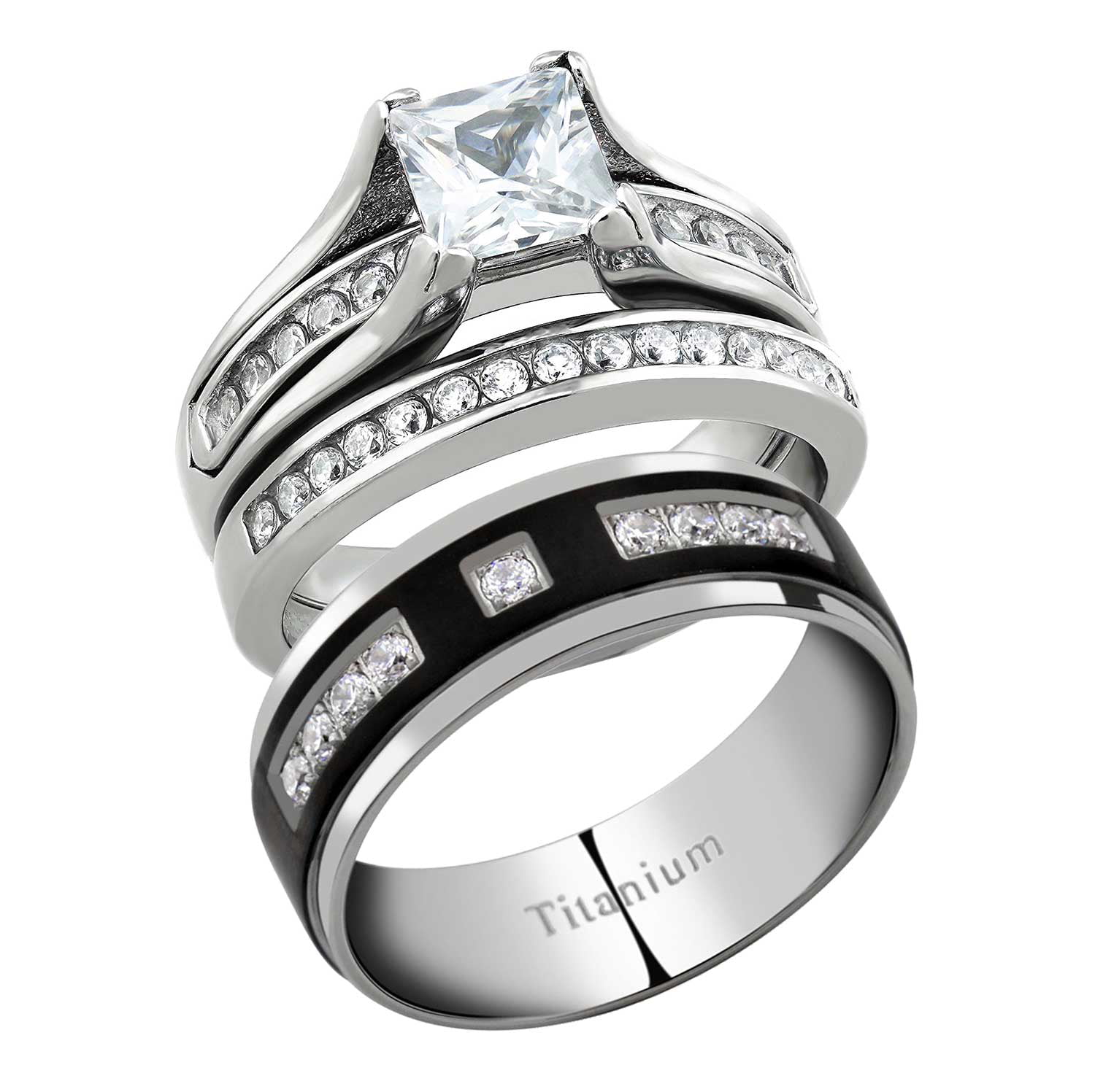 Womens Silver 1.5 Carat Princess Cut Wedding Ring Set w/ Matching Band Size 5-9 