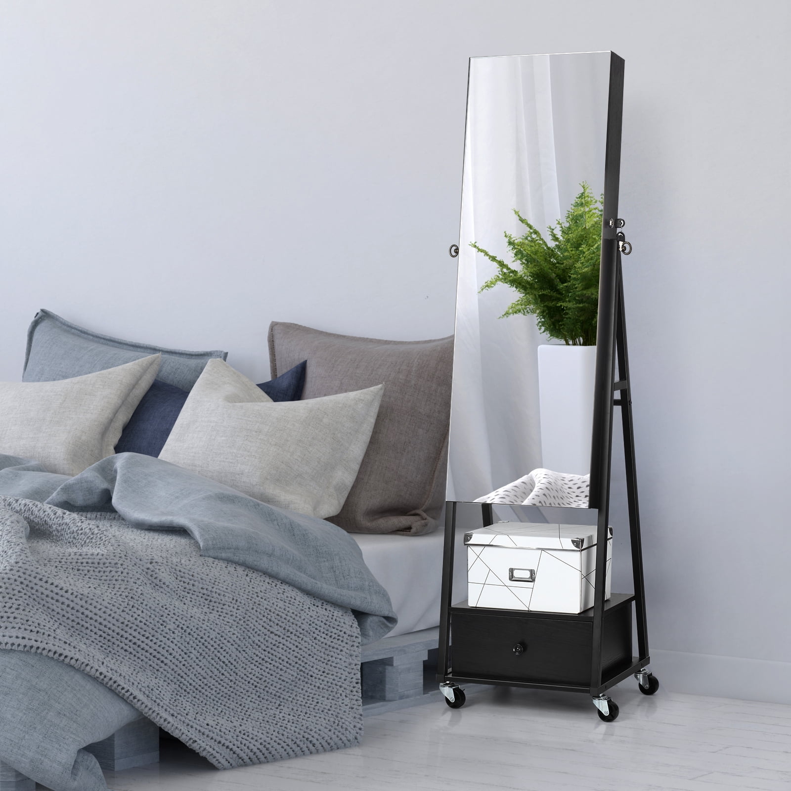 Freestanding Jewelry Armoire with Full Length Mirror, Lockable Organizer Cabinet with Drawer & Wheels, Black, High Capacity, Budget-Friendly for Small Bedrooms