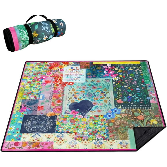 Conpaxye 80" x 80" Boho Flowers Picnic Blanket for 8 Adults